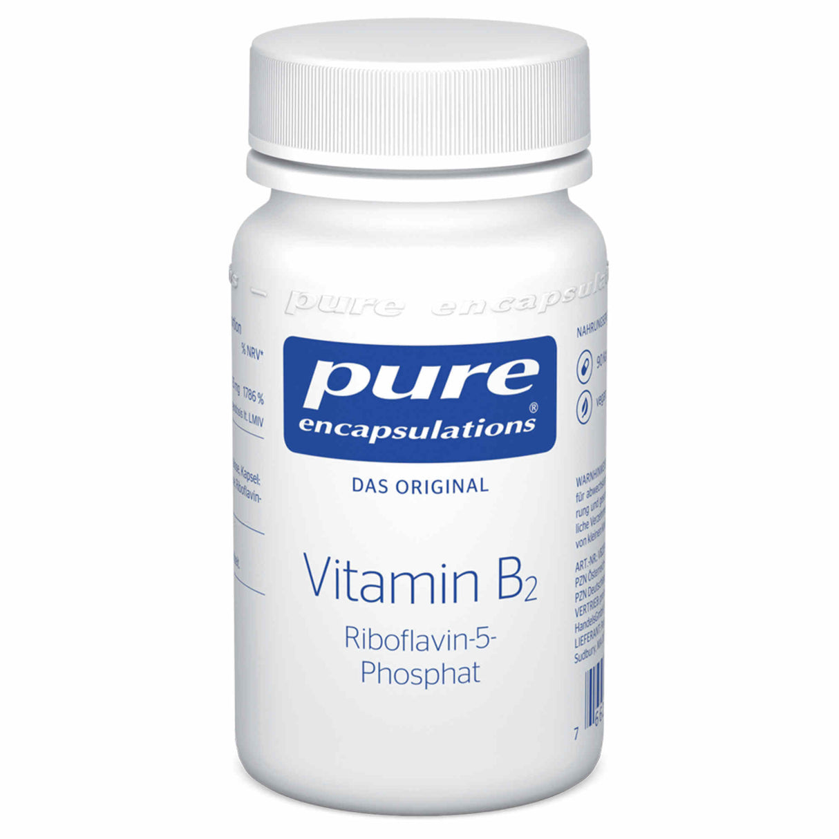 Das Bild zeigt eine weiße Flasche mit dem Etikett 'pure encapsulations Vitamin B2 Riboflavin-5-Phosphat'. Die Flasche ist für Nahrungsergänzungsmittel. Auf dem Etikett steht 'Das Original'.