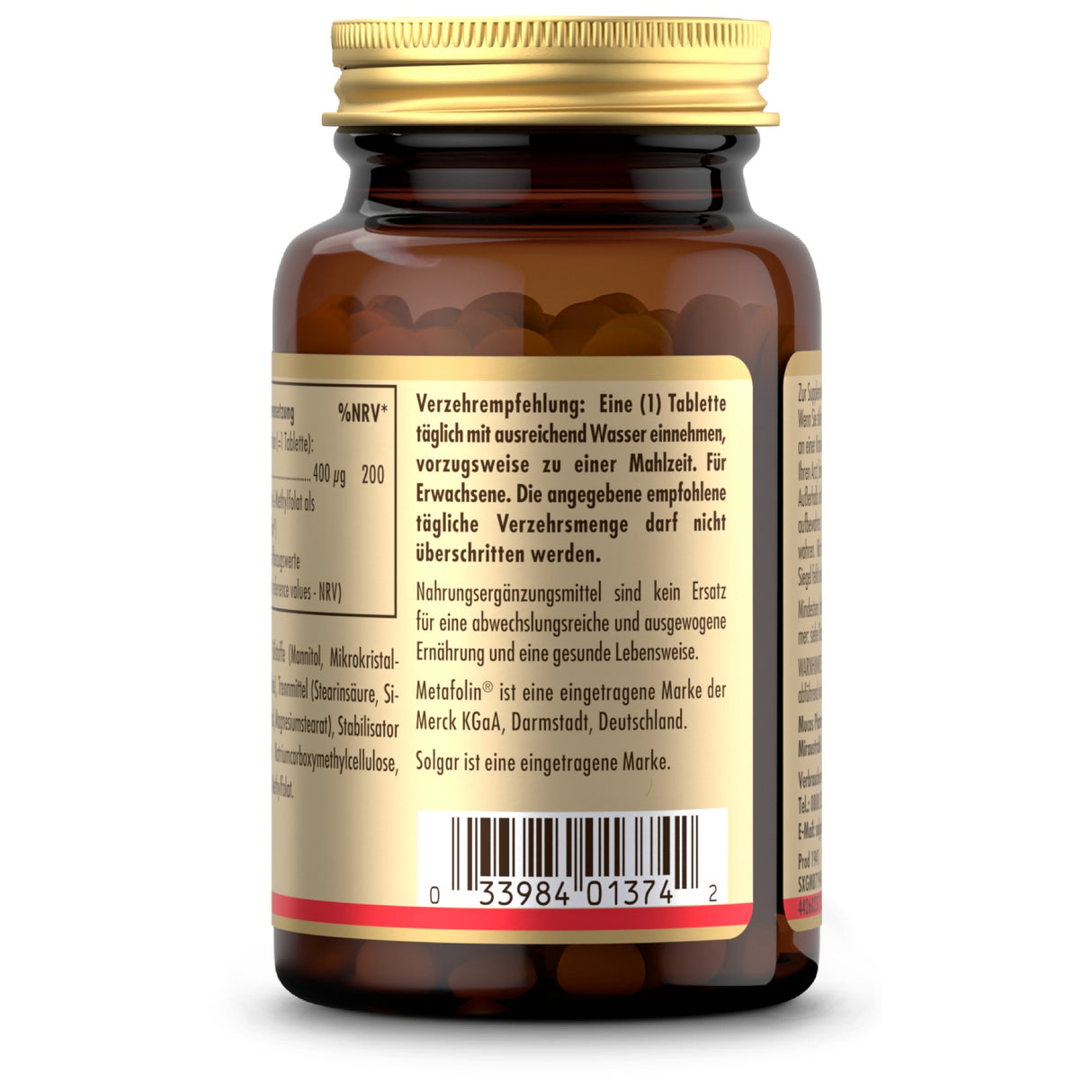 Das Bild zeigt eine braune Glasflasche mit goldenem Deckel. Auf der Flasche befindet sich ein Etikett mit Text zur Verzehrempfehlung und Inhaltsstoffen. Es gibt einen Barcode am unteren Rand des Etiketts. Die Flasche enthält Nahrungsergänzungsmittel.
