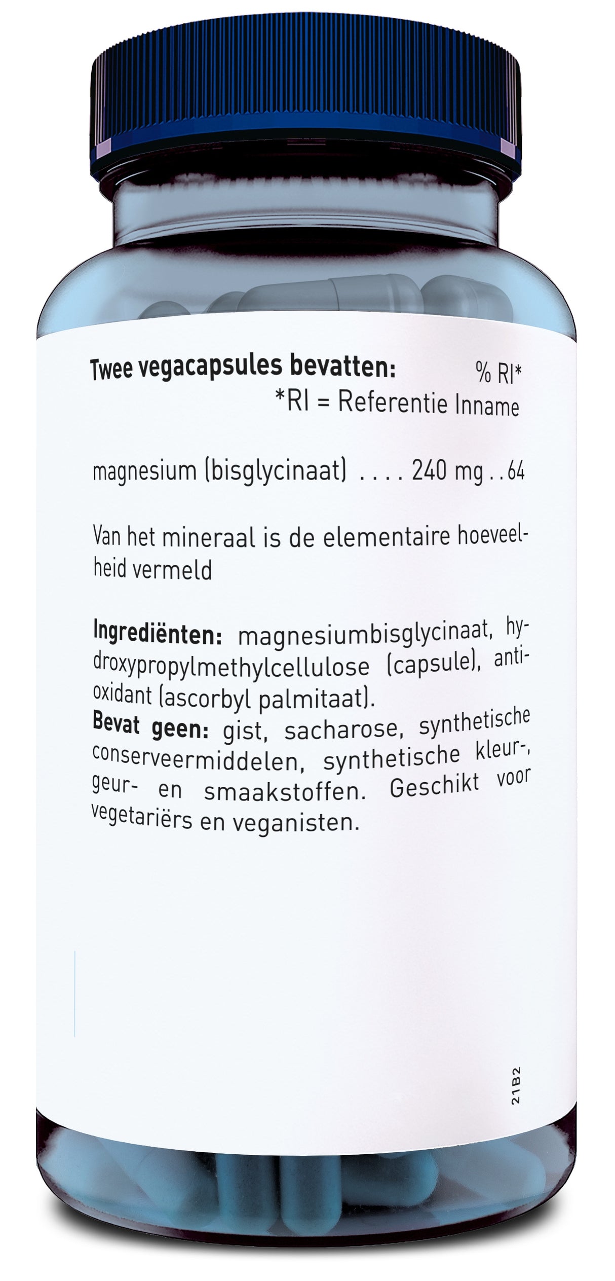 Eine Flasche mit blauen Kapseln und einem Etikett in niederländischer Sprache. Die Flasche hat einen blauen Deckel. Auf dem Etikett stehen Informationen zu Inhaltsstoffen und Nährwerten. Es wird angegeben, dass die Kapseln Magnesium enthalten und für Vegetarier und Veganer geeignet sind. Die Flasche ist aus transparentem Material, sodass die Kapseln sichtbar sind.