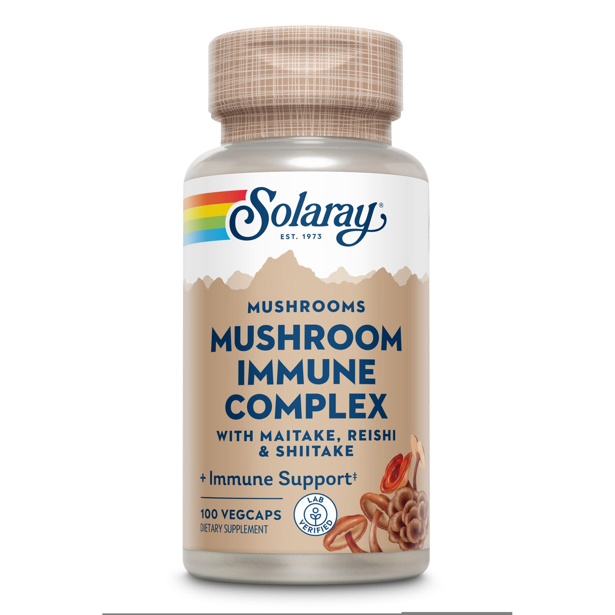Dose mit Nahrungsergänzungsmittel "Solaray Mushroom Immune Complex", enthält Maitake, Reishi, Shiitake. 100 VegCaps, für Immunsystemunterstützung.