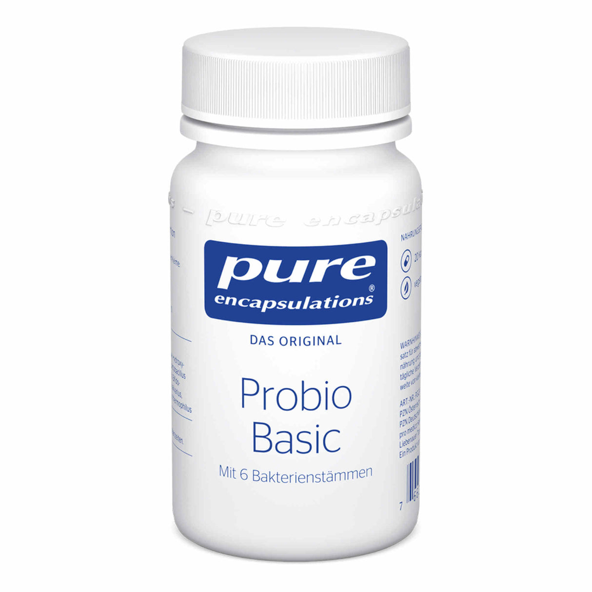 Eine weiße Plastikflasche mit Schraubverschluss, auf der Vorderseite steht 'pure encapsulations Probio Basic'. Die Flasche enthält Nahrungsergänzungsmittel mit 6 Bakterienstämmen. Das Logo ist blau und befindet sich oben auf der Flasche. Der Hintergrund ist weiß.