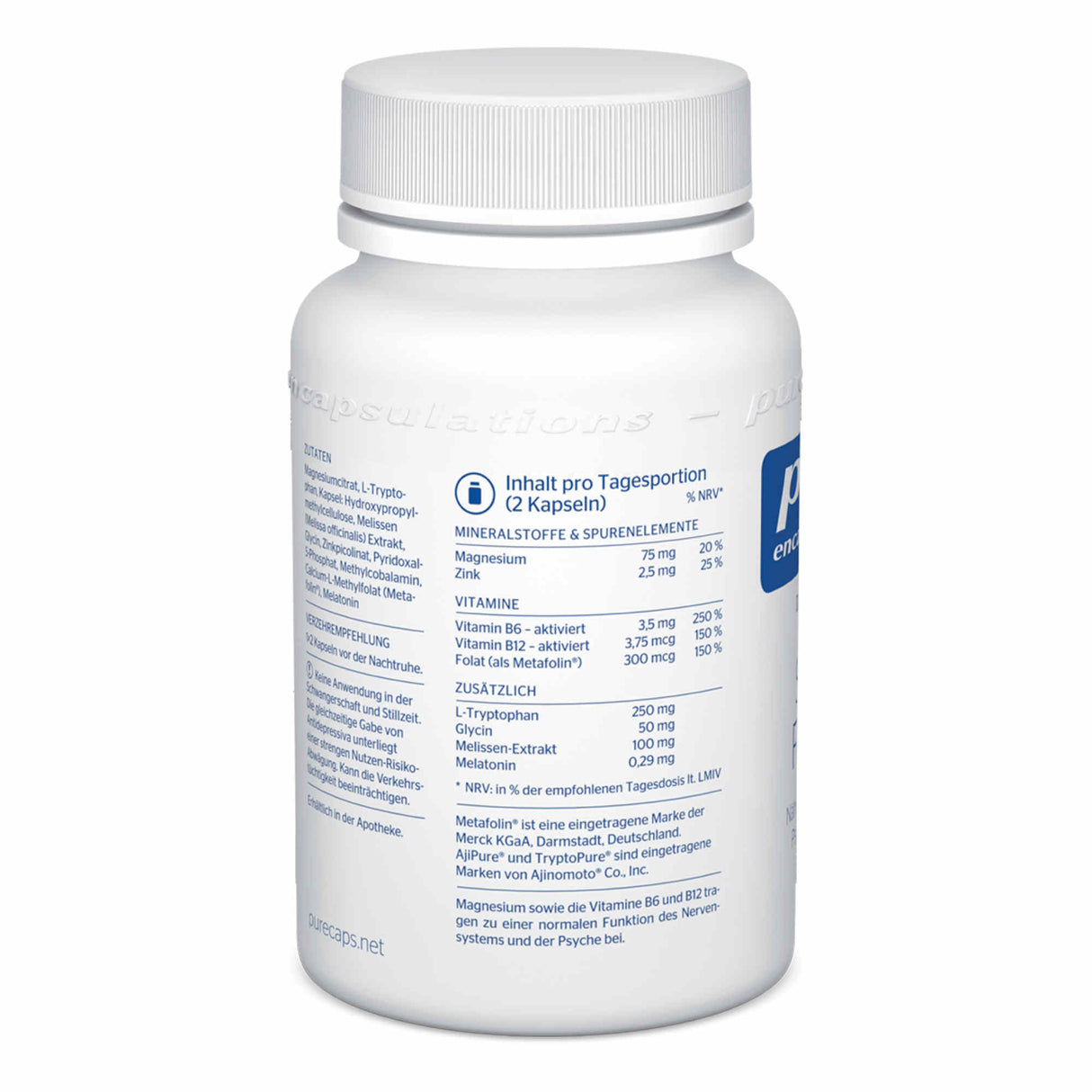 Eine weiße Flasche mit einem Etikett, das Nahrungsergänzungsmittel von Pure Encapsulations zeigt. Das Etikett listet Inhaltsstoffe wie Magnesium, Zink, Vitamin B6, B12 und L-Tryptophan auf. Die Flasche steht aufrecht und ist vor einem weißen Hintergrund fotografiert.