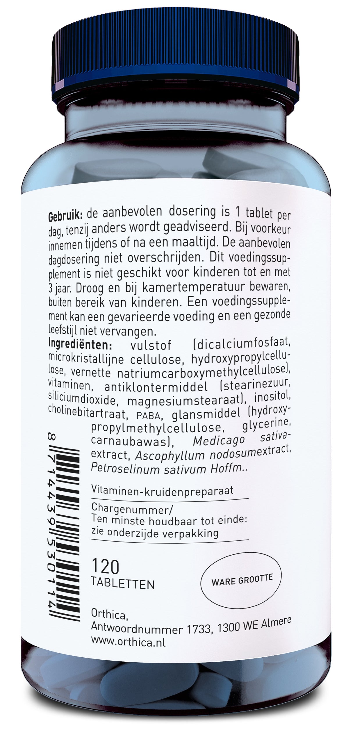 Eine blaue Kunststoffflasche mit weißem Etikett, auf dem Gebrauchsanweisungen und Inhaltsstoffe in niederländischer Sprache aufgedruckt sind. Enthält 120 Tabletten. Herstellerinformationen und Barcode sind ebenfalls sichtbar.