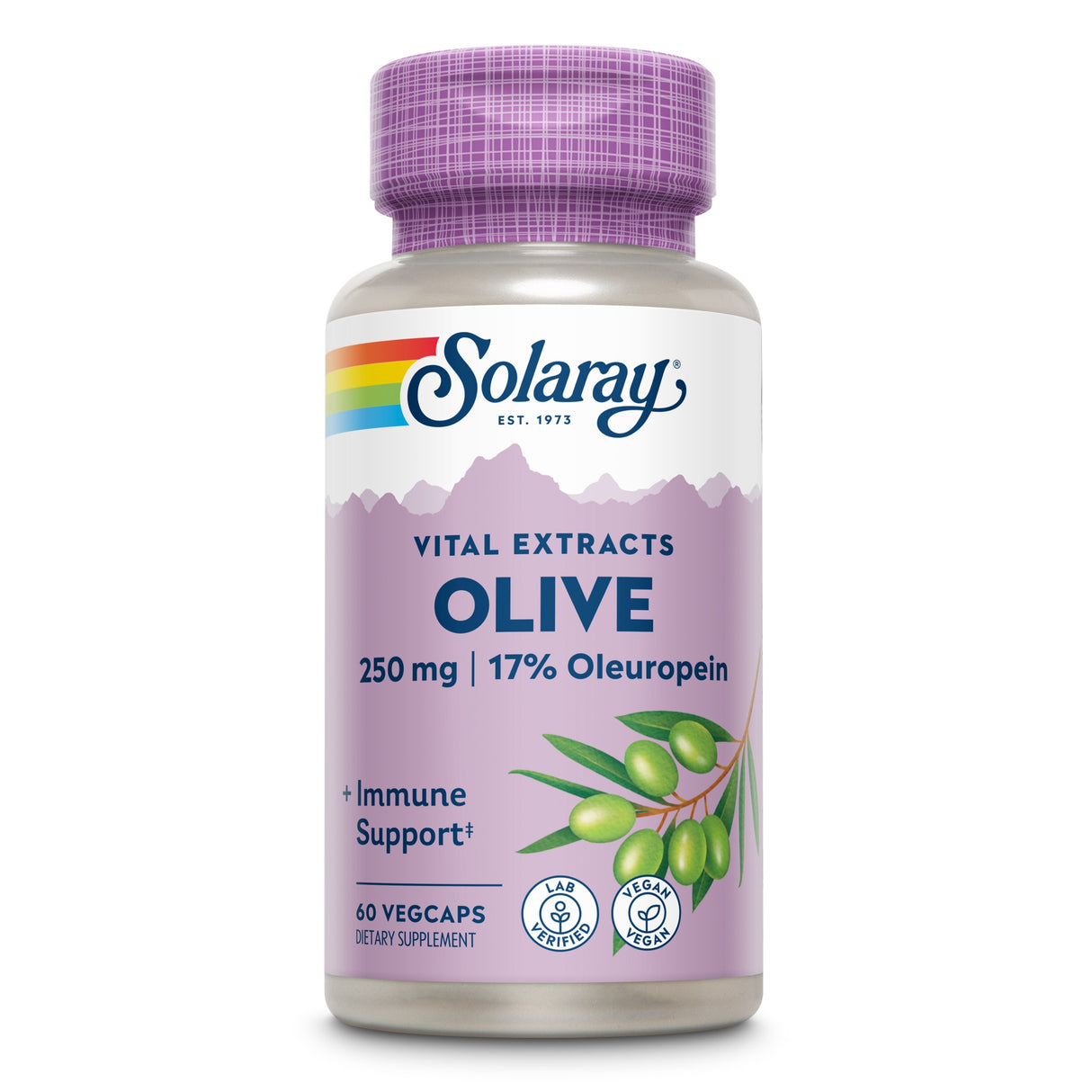 Flasche mit Solaray Vital Extracts Olive, 250 mg, 17% Oleuropein, 60 VegCaps. Unterstützt Immunsystem, vegan, laborgeprüft.