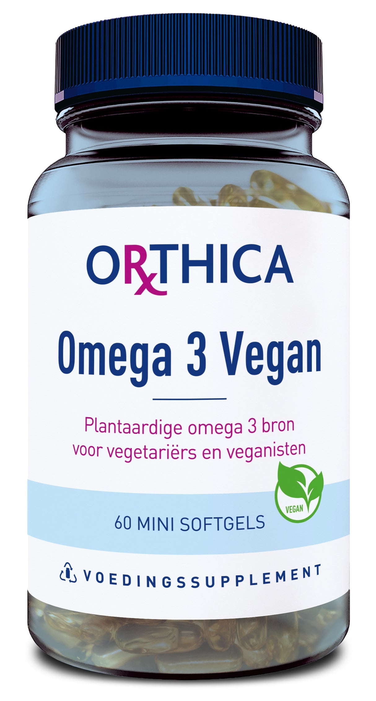 Ein Glasbehälter mit dunkelblauem Deckel, darauf steht 'Orthica Omega 3 Vegan'. Der Behälter enthält 60 Mini-Softgels, die als pflanzliche Omega-3-Quelle für Vegetarier und Veganer beworben werden. Auf dem Etikett ist ein grünes Blatt mit der Aufschrift 'Vegan' zu sehen.