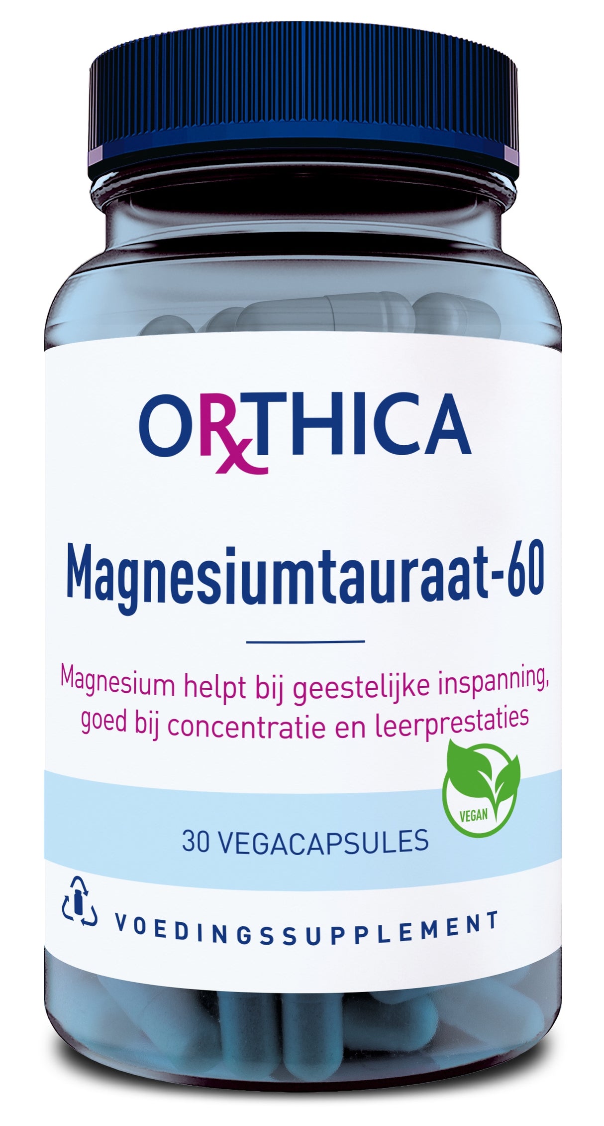 Die Abbildung zeigt eine Flasche mit dem Etikett 'Orthica Magnesiumtauraat-60'. Die Flasche enthält 30 vegane Kapseln, die zur Unterstützung der geistigen Anstrengung, Konzentration und Lernleistung beitragen. Das Etikett ist in Blau und Pink gehalten und enthält ein grünes Vegan-Logo. Die Flasche hat einen blauen Deckel.