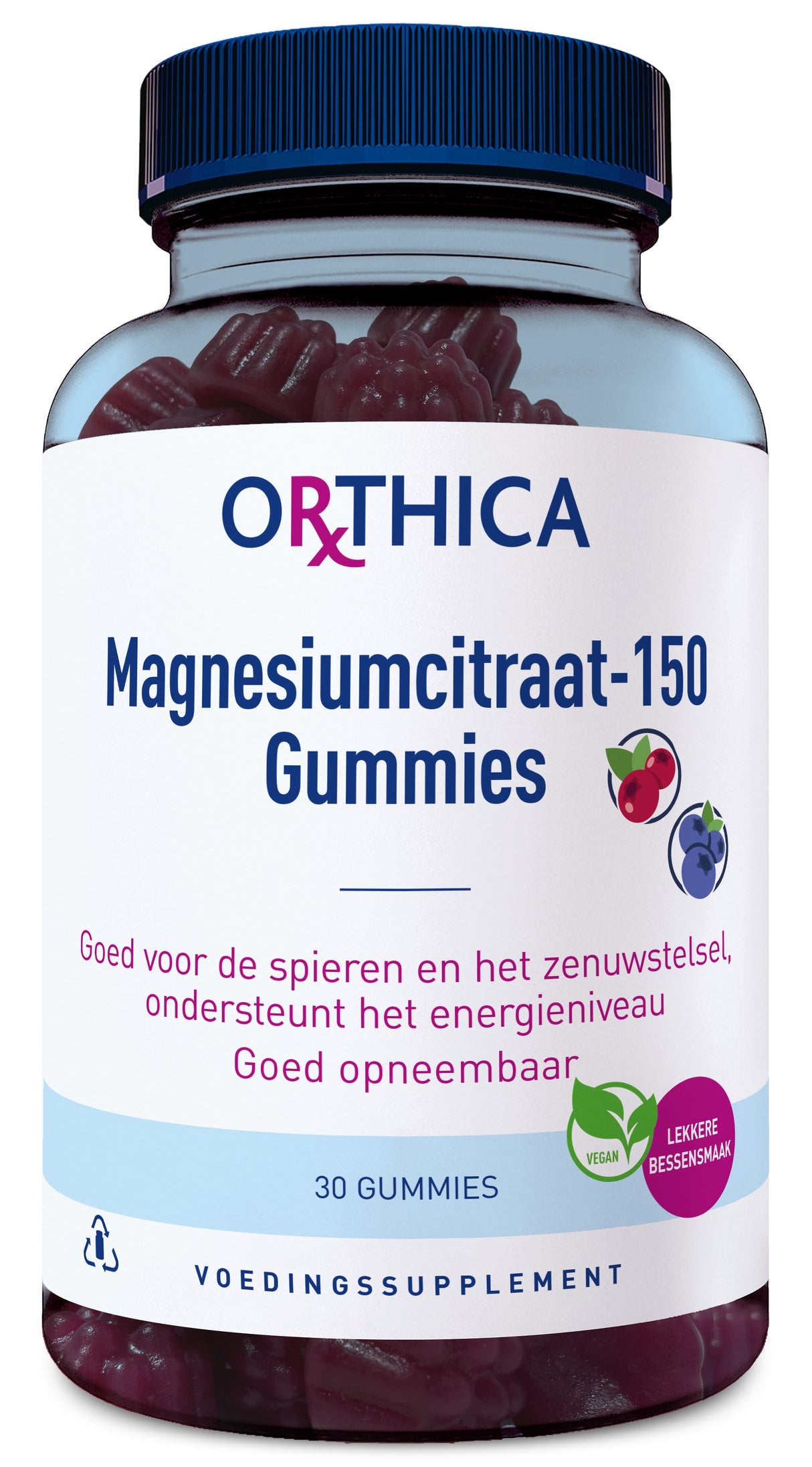 Eine Flasche mit einem blauen Deckel, die "Orthica Magnesiumcitraat-150 Gummies" enthält. Die Flasche ist durchsichtig und zeigt rote Gummibärchen. Auf dem Etikett steht, dass sie gut für Muskeln und das Nervensystem sind und das Energieniveau unterstützen. Es gibt auch Symbole für vegan und leckeren Beerengeschmack. Enthält 30 Gummies.