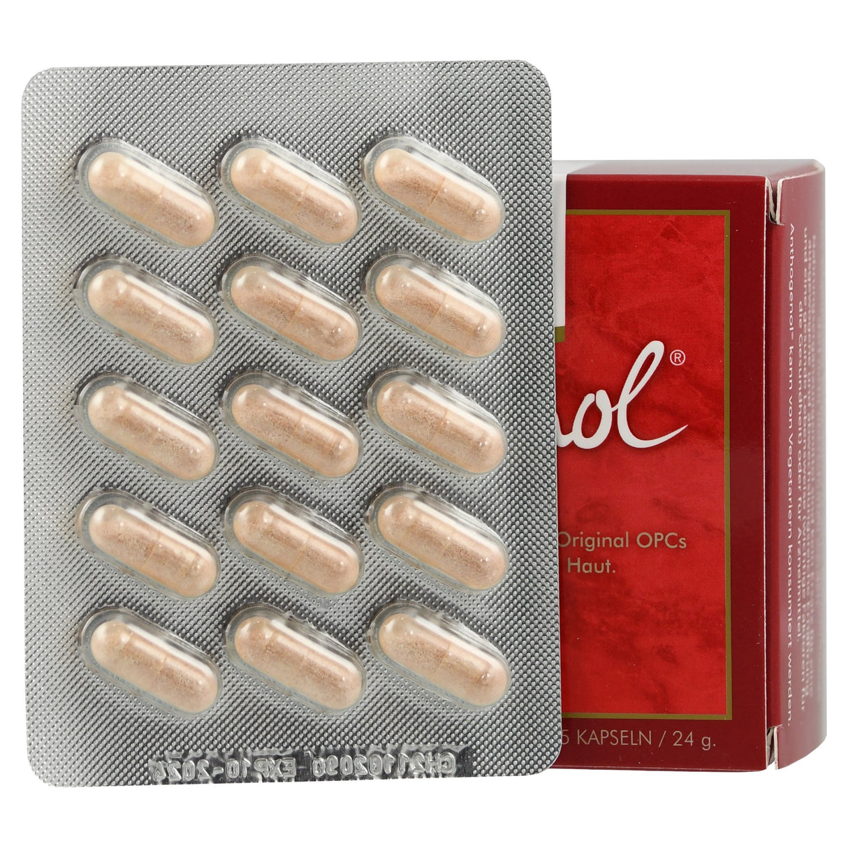 Eine Blisterpackung mit Kapseln vor einer roten Verpackung mit der Aufschrift 'OPC'.