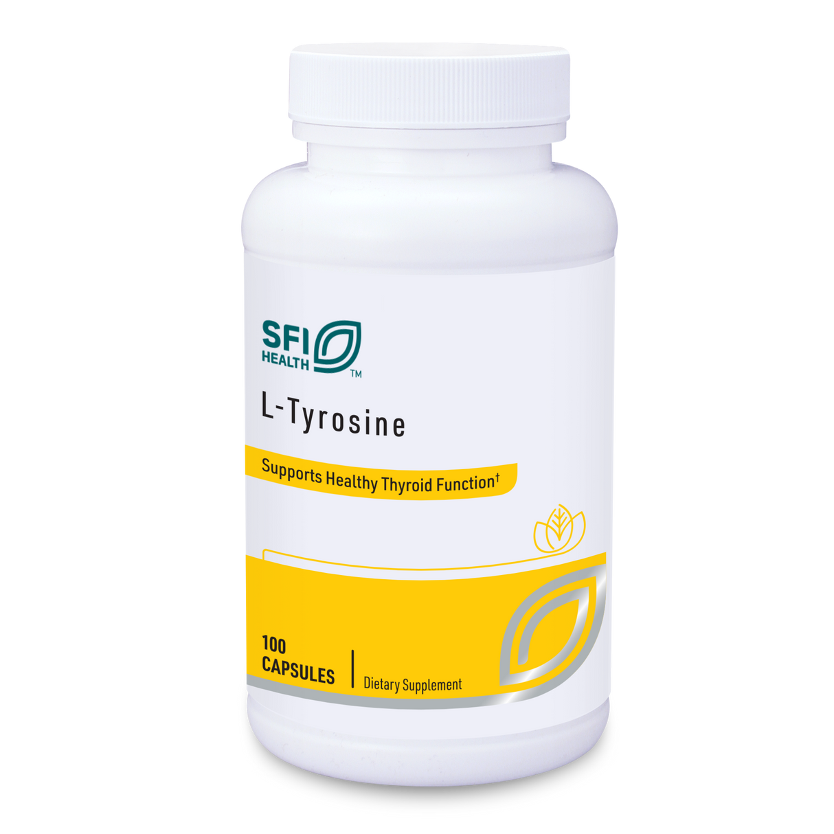 Das Bild zeigt eine weiße Plastikflasche mit einem Schraubverschluss, die das Nahrungsergänzungsmittel L-Tyrosine von SFI Health enthält. Auf der Flasche steht 'Supports Healthy Thyroid Function'. Die Flasche hat ein gelbes Etikett mit der Aufschrift '100 Capsules'.