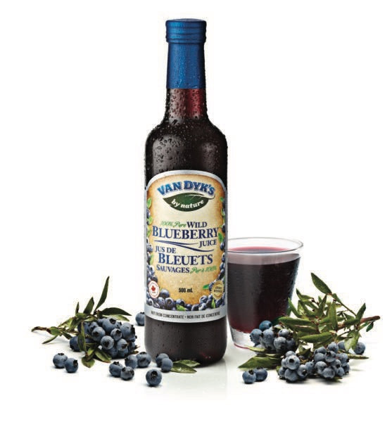 Eine Flasche Van Dyk's Wild Blueberry Juice steht neben einem Glas mit dem Saft. Frische Blaubeeren und Blaubeerzweige liegen um die Flasche und das Glas herum. Das Etikett der Flasche ist gut sichtbar und zeigt den Markennamen und die Produktinformationen. Der Hintergrund ist weiß, was den Fokus auf die Flasche und die Blaubeeren legt.
