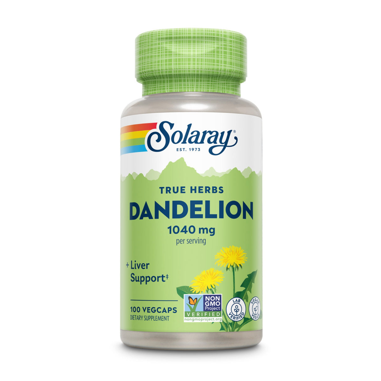 Grünes Nahrungsergänzungsmittel-Fläschchen 'Solaray True Herbs Dandelion', 1040 mg pro Portion, 100 Vegcaps, unterstützt die Leber, Non-GMO.