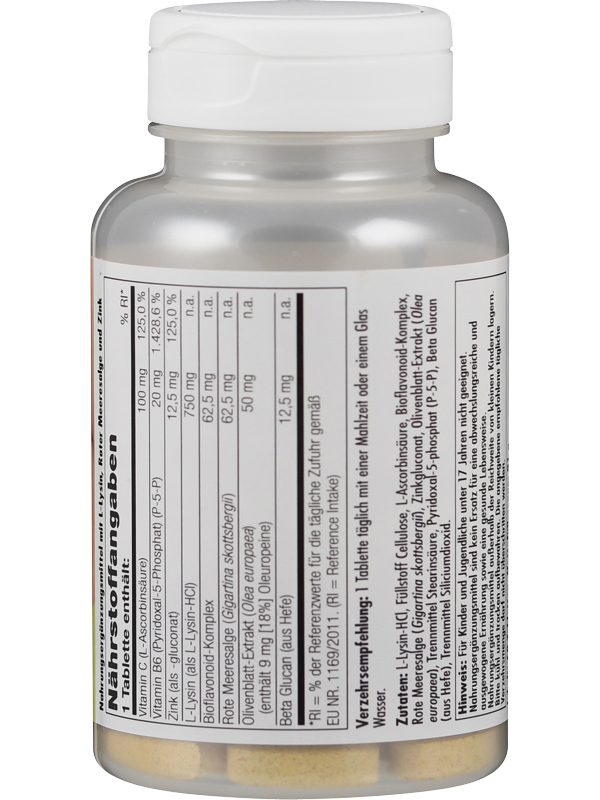 Eine durchsichtige Kunststoffflasche mit weißem Deckel, gefüllt mit Tabletten. Auf der Flasche ist ein Etikett mit Nährwertangaben und Inhaltsstoffen in deutscher Sprache zu sehen. Die Flasche steht aufrecht und die Beschriftung ist gut lesbar.