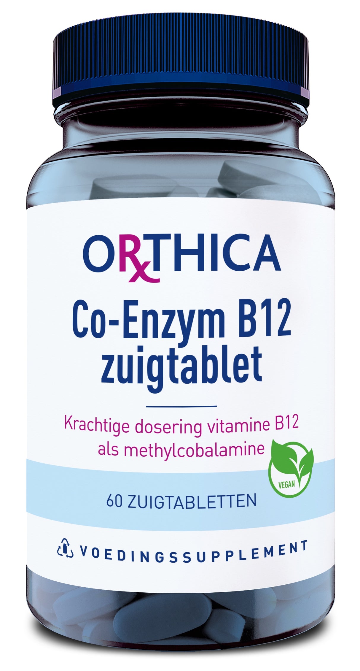 Ein Glasbehälter mit einem blauen Deckel enthält 60 Lutschtabletten von Orthica Co-Enzym B12. Auf dem Etikett steht: 'Krachtige dosering vitamine B12 als methylcobalamine'. Ein Vegan-Logo ist ebenfalls sichtbar.
