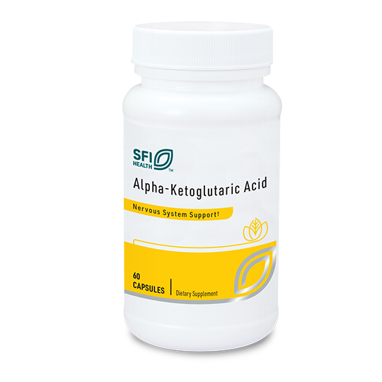 Eine weiße Plastikflasche mit der Aufschrift 'SFI Health Alpha-Ketoglutaric Acid'. Das Etikett ist gelb und weiß mit einem grünen Logo. Der Text 'Nervous System Support!' ist ebenfalls zu sehen. Die Flasche enthält 60 Kapseln eines Nahrungsergänzungsmittels.