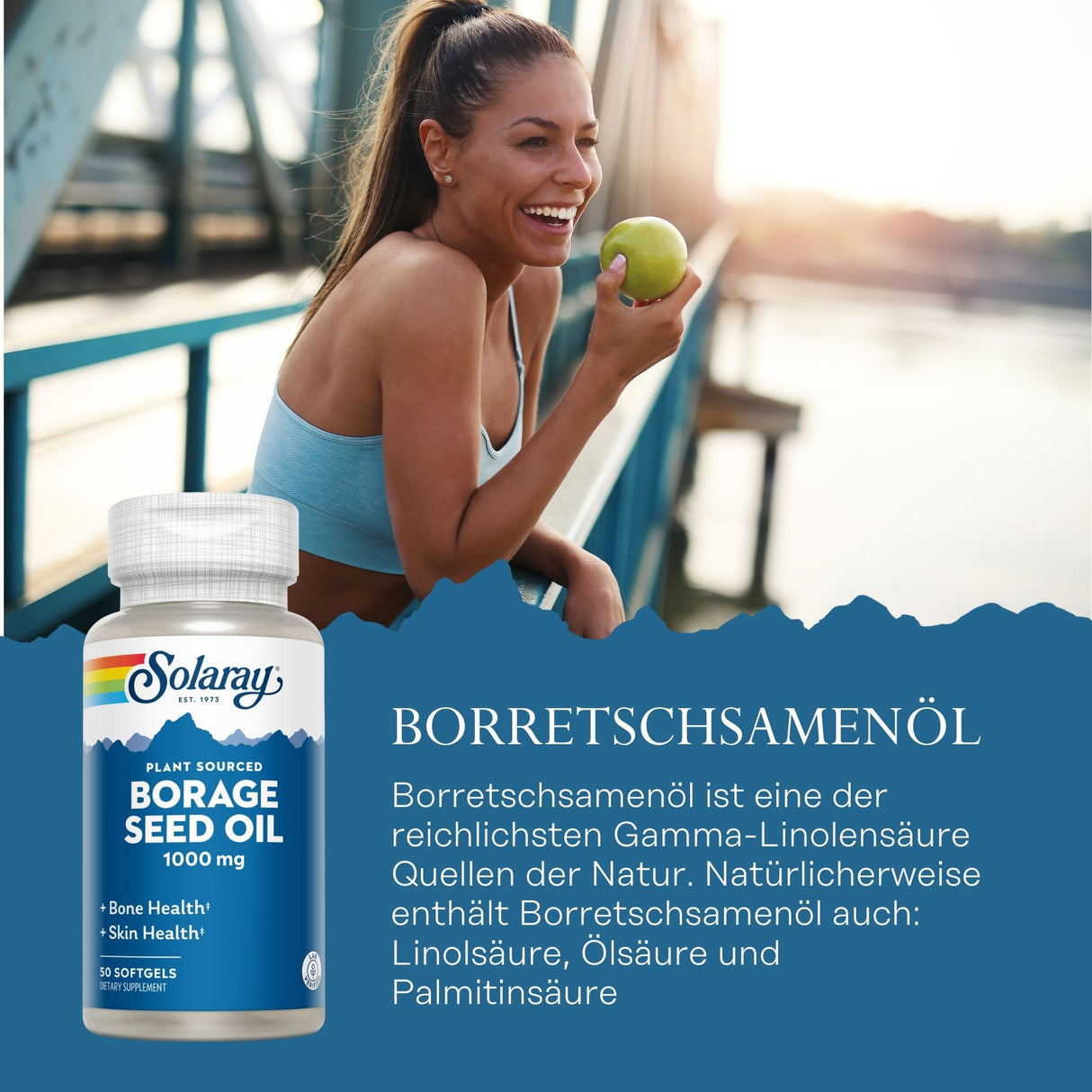 Eine lächelnde Frau in Sportkleidung hält einen grünen Apfel auf einer Brücke. Links im Bild ist eine Flasche Solaray Borretschsamenöl zu sehen. Der Text beschreibt die gesundheitlichen Vorteile des Öls.