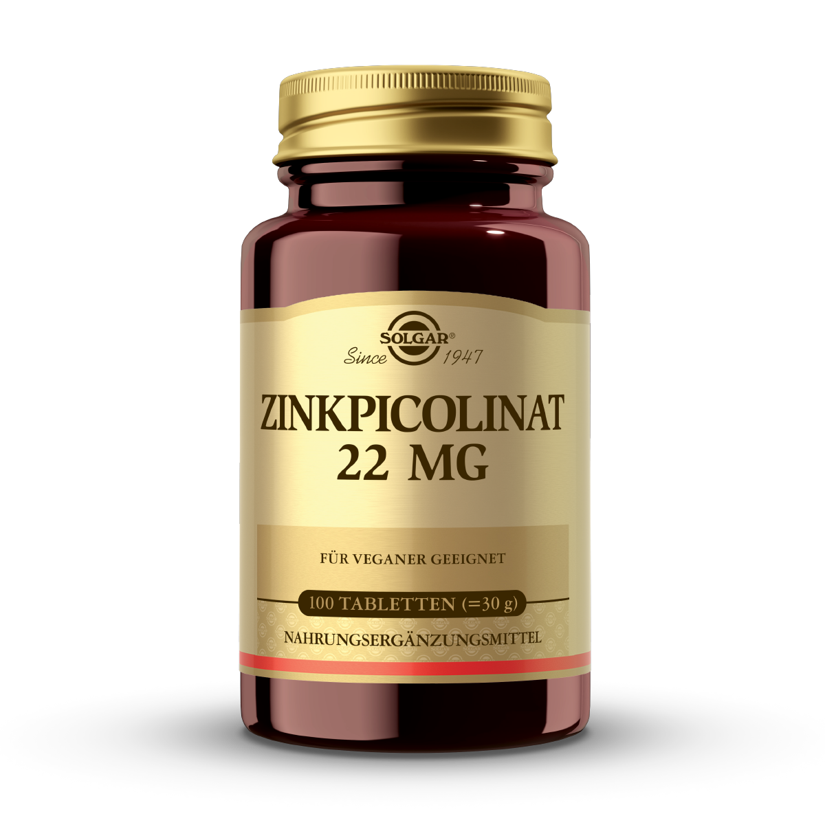 Das Bild zeigt eine braune Flasche mit goldenem Etikett der Marke Solgar. Auf dem Etikett steht 'Zinkpicolinat 22 mg', 'Für Veganer geeignet', '100 Tabletten (30 g)', 'Nahrungsergänzungsmittel'. Die Flasche hat einen goldenen Schraubverschluss.