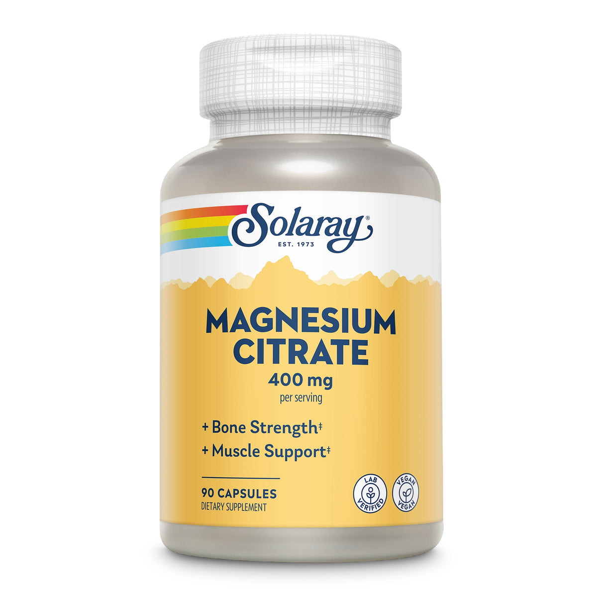 Eine Plastikflasche mit einem Etikett, das "Solaray Magnesium Citrate 400 mg" zeigt. Das Etikett ist gelb mit einem Regenbogenstreifen oben. Die Flasche enthält 90 Kapseln, die für Knochenstärke und Muskelunterstützung beworben werden.