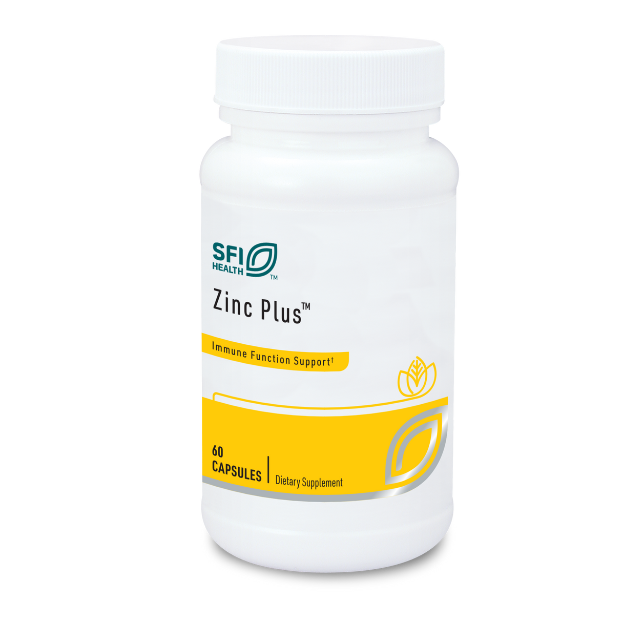 Eine weiße Plastikflasche mit Schraubverschluss, auf der "SFI Health Zinc Plus" steht. Das Etikett ist weiß mit gelben und grünen Akzenten. Die Flasche enthält 60 Kapseln eines Nahrungsergänzungsmittels zur Unterstützung der Immunfunktion.