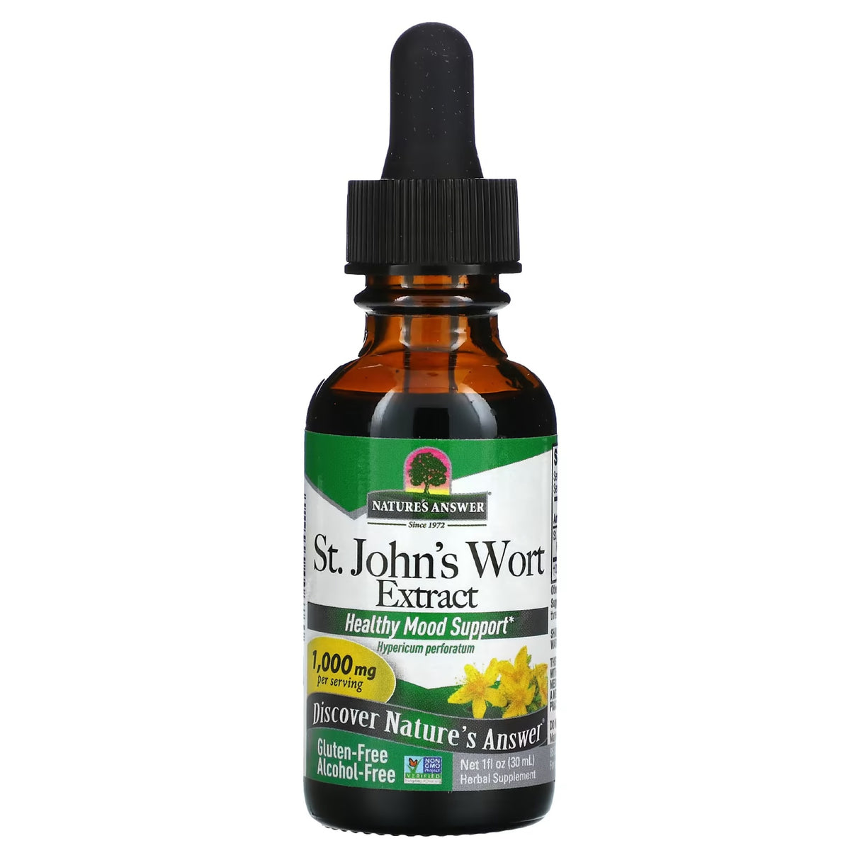 Das Bild zeigt eine braune Glasflasche mit Pipette, die "St. John's Wort Extract" von Nature's Answer enthält. Auf dem Etikett steht "Healthy Mood Support", 1000 mg pro Portion, glutenfrei und alkoholfrei.
