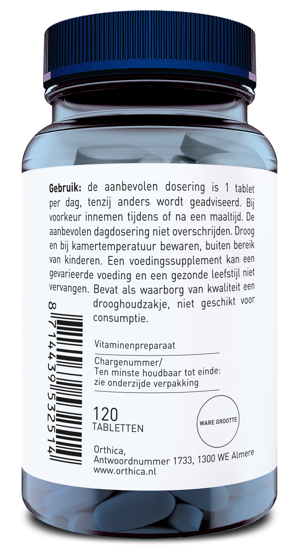 Eine blaue Kunststoffflasche mit einem Schraubdeckel, die 120 Tabletten eines Vitaminpräparats enthält. Auf dem Etikett sind Gebrauchsanweisungen auf Niederländisch, ein Barcode und die Adresse des Herstellers Orthica in Almere, Niederlande, angegeben.