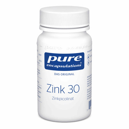 Das Bild zeigt eine weiße Kunststoffflasche mit Schraubverschluss. Auf dem Etikett steht 'pure encapsulations Zink 30 Zinkpicolinat'. Die Flasche ist weiß mit blauer und schwarzer Schrift. Sie enthält Nahrungsergänzungsmittel.