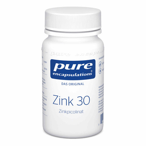Das Bild zeigt eine weiße Kunststoffflasche mit Schraubverschluss. Auf dem Etikett steht 'pure encapsulations Zink 30 Zinkpicolinat'. Die Flasche ist weiß mit blauer und schwarzer Schrift. Sie enthält Nahrungsergänzungsmittel.