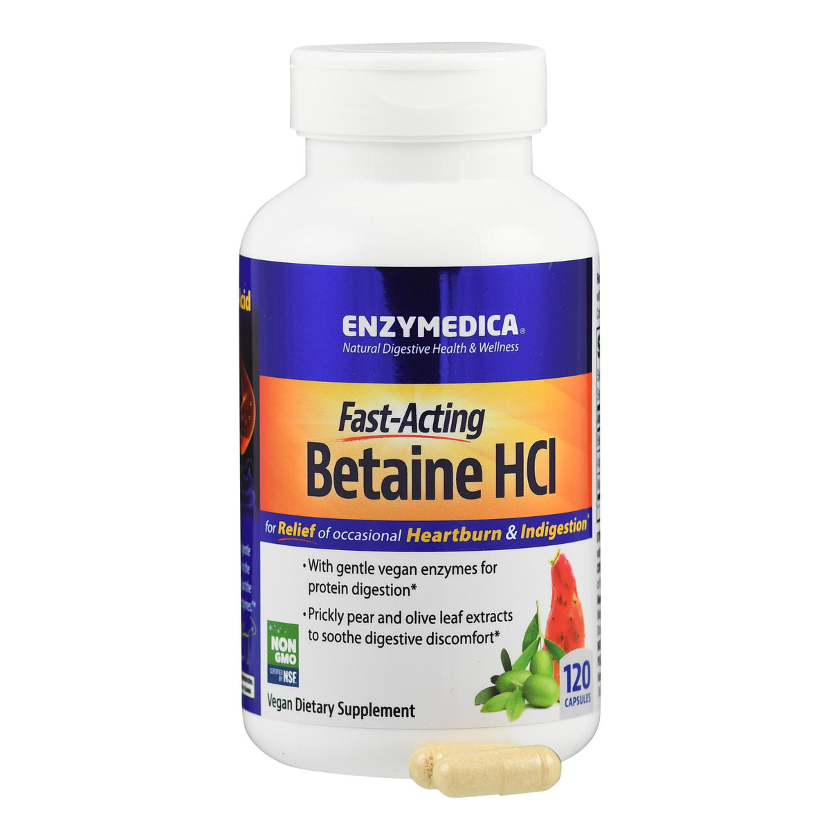 Flasche Enzymedica Betaine HCl mit 120 veganen Kapseln für Verdauungsunterstützung. Enthält Kaktusfeige und Olivenblattextrakt.