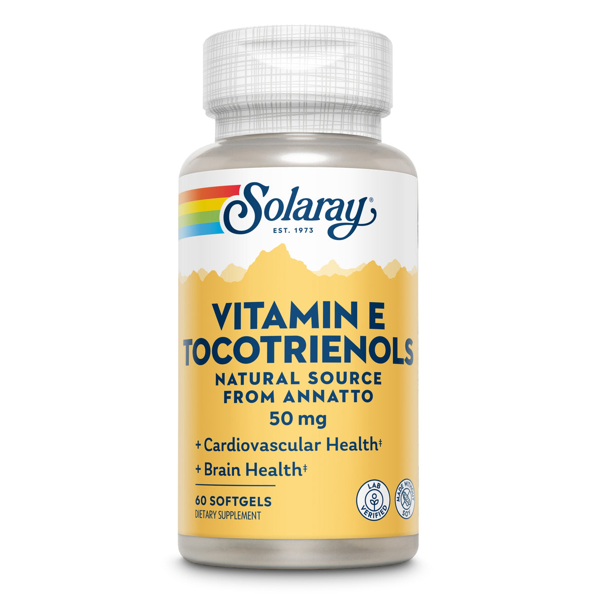 Eine Flasche mit dem Etikett 'Solaray Vitamin E Tocotrienols' steht vor einem weißen Hintergrund. Die Flasche ist weiß mit gelbem Etikett und enthält 60 Softgels. Auf dem Etikett sind Informationen wie 'Natural Source from Annatto', '50 mg', 'Cardiovascular Health', 'Brain Health' und 'Lab Verified' zu sehen.