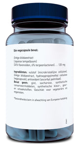 Das Bild zeigt eine blaue Kunststoffflasche mit einem weißen Etikett. Auf dem Etikett sind Informationen über den Inhalt der Flasche abgedruckt, darunter die Inhaltsstoffe einer Kapsel, die Ginkgo biloba-Extrakt enthält. Die Flasche hat einen blauen Deckel und enthält mehrere Kapseln. Der Text auf dem Etikett ist in niederländischer Sprache verfasst.