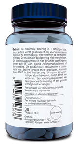 Eine blaue Kunststoffflasche mit einem blauen Schraubverschluss. Das Etikett zeigt Informationen in niederländischer Sprache, darunter Dosierungsanweisungen für ein Aminosäuren-Vitaminpräparat. Die Flasche enthält 30 Tabletten. Der Hersteller ist Orthica aus Almere, Niederlande.