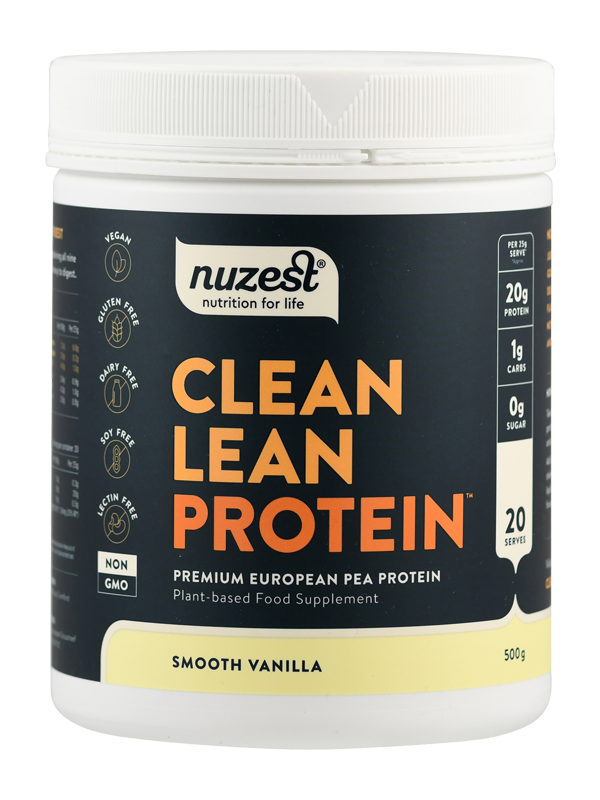 Dose mit veganem Erbsenproteinpulver, Marke Nuzest, Geschmacksrichtung Vanille, 500g, 20 Portionen, glutenfrei, laktosefrei, sojafrei.
