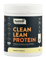 Dose mit veganem Erbsenproteinpulver, Marke Nuzest, Geschmacksrichtung Vanille, 500g, 20 Portionen, glutenfrei, laktosefrei, sojafrei.