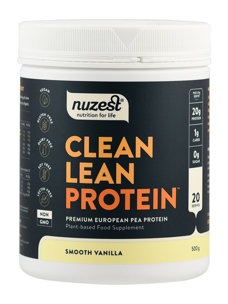 Dose mit veganem Erbsenproteinpulver, Marke Nuzest, Geschmacksrichtung Vanille, 500g, 20 Portionen, glutenfrei, laktosefrei, sojafrei.