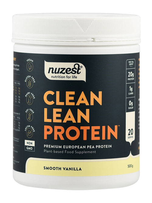 Dose mit veganem Erbsenproteinpulver, Marke Nuzest, Geschmacksrichtung Vanille, 500g, 20 Portionen, glutenfrei, laktosefrei, sojafrei.