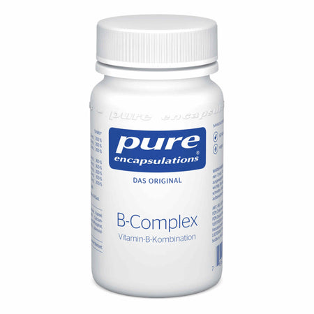 Das Bild zeigt eine weiße Plastikflasche mit blauem Etikett der Marke Pure Encapsulations. Auf dem Etikett steht 'B-Complex Vitamin-B-Kombination'. Die Flasche hat einen weißen Schraubverschluss. Der Hintergrund ist weiß.