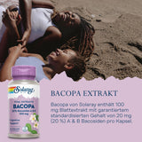 Zwei Frauen liegen lachend auf einem Sandstrand. Sie tragen helle Kleidung und halten sich an den Händen. Im Vordergrund ist eine Verpackung von Solaray Bacopa zu sehen. Der Text auf der Verpackung beschreibt den Inhalt des Produkts: 100 mg Bacopa-Extrakt mit 20 % Bacosiden pro Kapsel. Der Hintergrund ist sandig und sonnig.
