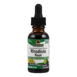 Eine braune Glasflasche mit schwarzem Tropfverschluss. Das Etikett zeigt 'Nature's Answer Rhodiola Root', ein pflanzliches Nahrungsergänzungsmittel. Es ist alkoholfrei und unterstützt die Stressbewältigung. Das Etikett ist grün und weiß mit Text und einem kleinen Logo.