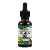 Eine braune Glasflasche mit schwarzem Tropfverschluss. Das Etikett zeigt 'Nature's Answer Rhodiola Root', ein pflanzliches Nahrungsergänzungsmittel. Es ist alkoholfrei und unterstützt die Stressbewältigung. Das Etikett ist grün und weiß mit Text und einem kleinen Logo.