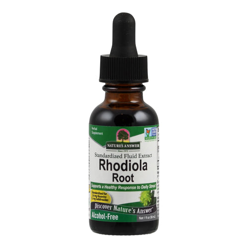 Eine braune Glasflasche mit schwarzem Tropfverschluss. Das Etikett zeigt 'Nature's Answer Rhodiola Root', ein pflanzliches Nahrungsergänzungsmittel. Es ist alkoholfrei und unterstützt die Stressbewältigung. Das Etikett ist grün und weiß mit Text und einem kleinen Logo.