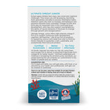 Verpackung von "Ultimate Omega Junior" mit Informationen zu Omega-3-Fettsäuren für Kinder, zertifizierte Nachhaltigkeit, bessere Absorption und keinen fischigen Nachgeschmack.