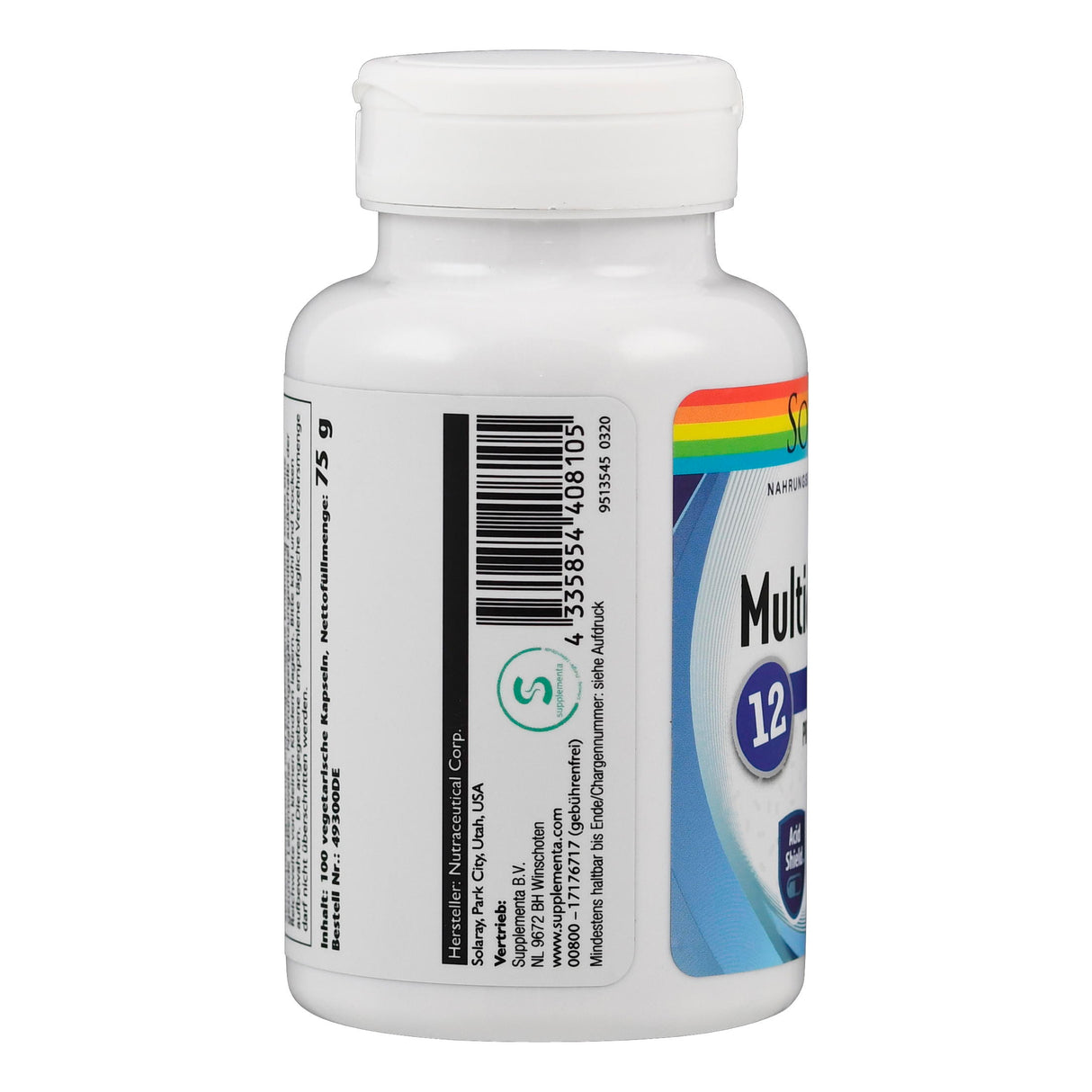 Eine weiße Plastikflasche mit einem Etikett, das Informationen zu einem Nahrungsergänzungsmittel enthält. Auf dem Etikett sind ein Barcode, das Gewicht von 75 g und weitere Details zur Zusammensetzung und Herkunft des Produkts zu sehen. Die Flasche steht aufrecht vor einem weißen Hintergrund.