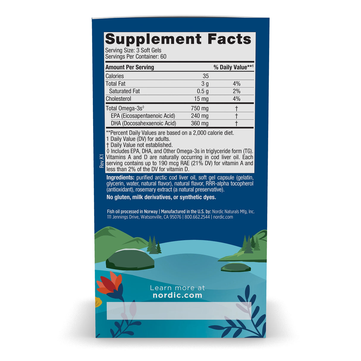 Das Bild zeigt die Rückseite einer Packung mit Nahrungsergänzungsmitteln. Oben steht "Supplement Facts" mit Nährwertangaben wie Kalorien, Fett und Omega-3-Inhalte. Unten sind die Inhaltsstoffe aufgelistet, darunter Lebertran und Gelatine. Die Verpackung ist blau mit einem Bild von Pflanzen und einer Landschaft. Der Text "Learn more at nordic.com" ist am unteren Rand sichtbar. Es gibt keine Personen auf dem Bild.