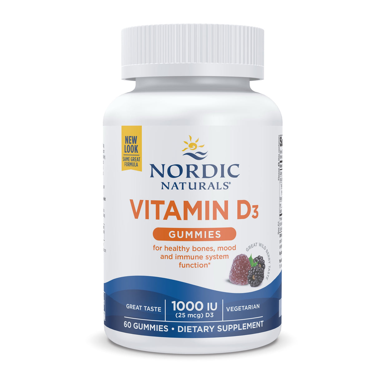 Flasche Nordic Naturals Vitamin D3 Gummies, 60 Stück, 1000 IU, vegetarisch, für Knochen, Stimmung und Immunsystem.