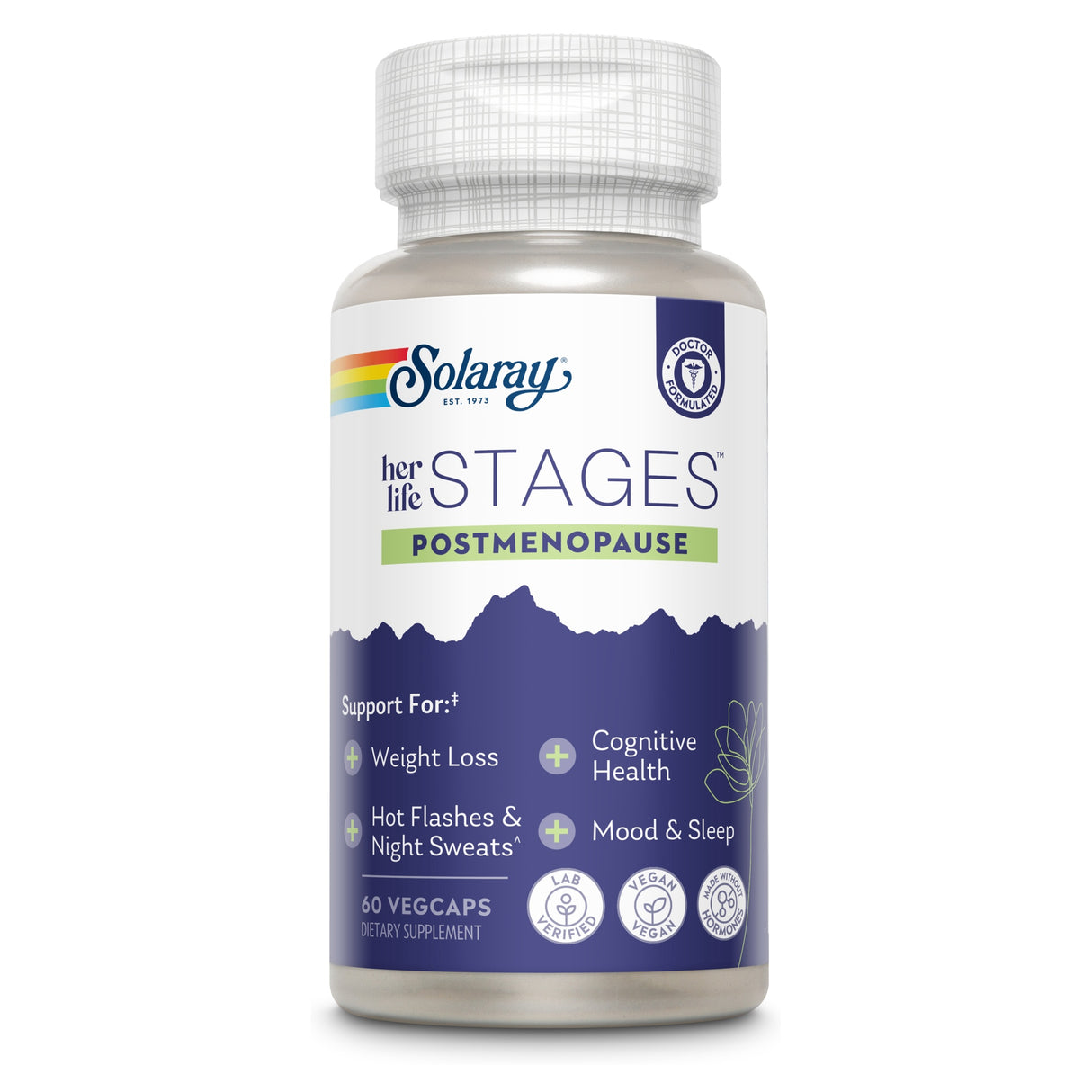 Eine Flasche mit Nahrungsergänzungsmitteln der Marke Solaray, speziell für die Postmenopause. Die Verpackung ist weiß mit einem blauen Etikett und enthält 60 Veggie-Kapseln. Auf dem Etikett sind Informationen zu den unterstützten Bereichen wie Gewichtsverlust, kognitive Gesundheit, Hitzewallungen und Nachtschweiß, Stimmung und Schlaf zu sehen. Es gibt auch Symbole für vegan, laborgeprüft und alkoholfrei.