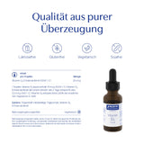 Das Bild zeigt eine Produktwerbung für Vitamin D3 Tropfen von Pure Encapsulations. Oben steht der Slogan 'Qualität aus purer Überzeugung'. Darunter sind Symbole für Laktosefrei, Glutenfrei, Vegetarisch und Sojafrei. Links sind Inhaltsangaben, rechts ist eine Flasche Vitamin D3 Tropfen abgebildet.
