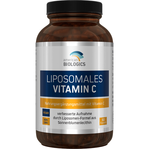 Das Bild zeigt eine braune Glasflasche mit einem schwarzen Plastikdeckel. Auf dem Etikett sind Nährstoffangaben zu Vitamin C und einer Liposomalmischung zu erkennen. Die Flasche enthält 60 vegetarische Kapseln. Hersteller ist Supplementa B.V. aus den Niederlanden.