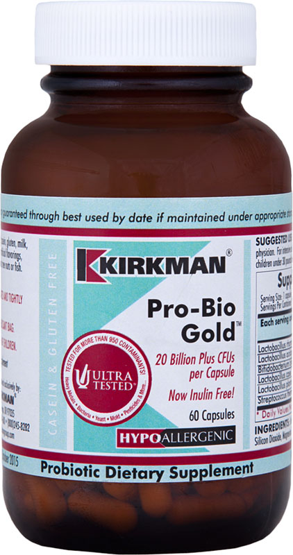 Das Bild zeigt eine braune Flasche des Nahrungsergänzungsmittels 'Kirkman Pro-Bio Gold'. Auf dem Etikett sind Informationen wie '20 Billion Plus CFUs per Capsule', 'Now Inulin Free', und 'Hypoallergenic' zu sehen. Die Flasche hat einen weißen Schraubverschluss.