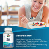 Eine Frau isst Müsli mit Beeren aus einer weißen Schüssel. Im Vordergrund steht eine Flasche des Nahrungsergänzungsmittels Gluco-Balance. Der Text beschreibt das Produkt als einen Komplex aus Pflanzenextrakten, Vitaminen und Spurenelementen zur Unterstützung des Blutzuckerspiegels.