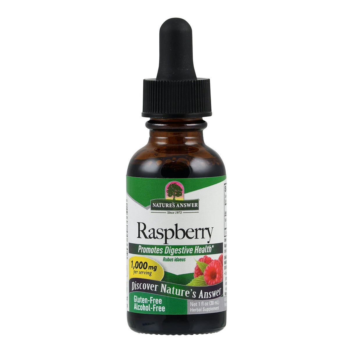 Eine braune Glasflasche mit Pipette, auf der "Nature's Answer Raspberry" steht. Das Etikett ist grün und weiß mit einem Bild von Himbeeren. Es wird für die Förderung der Verdauungsgesundheit beworben, ist glutenfrei und alkoholfrei.