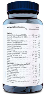Eine Flasche mit einem blauen Deckel, die Nahrungsergänzungsmittel in Form von Kautabletten enthält. Auf dem Etikett sind die Inhaltsstoffe und Nährwerte der Tabletten aufgelistet. Die Beschriftung ist in niederländischer Sprache.